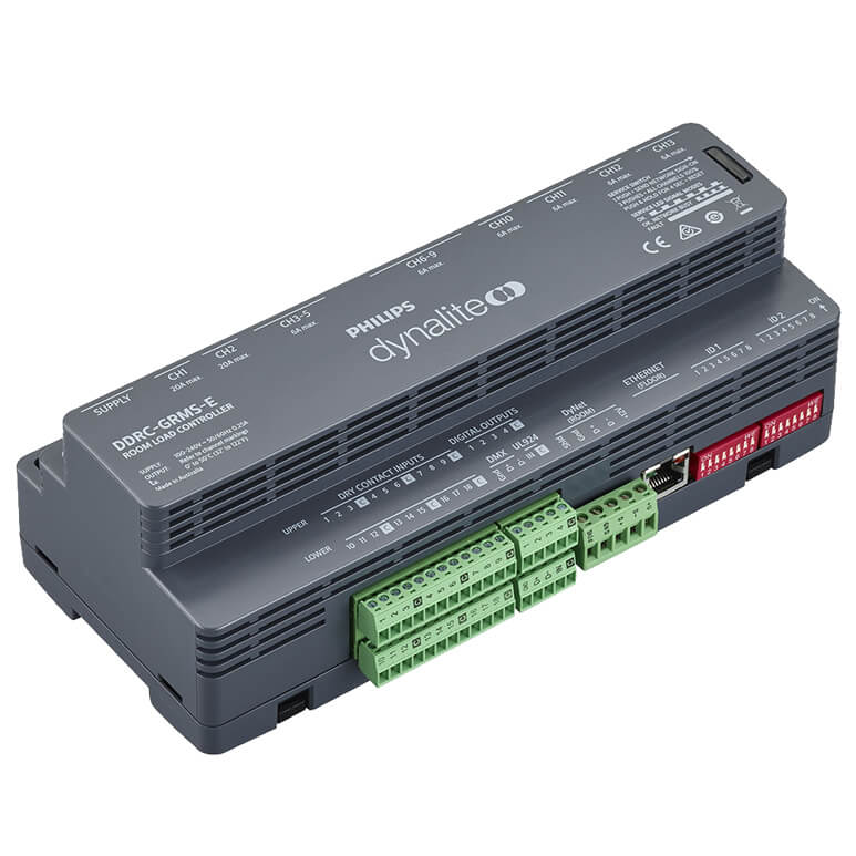 DDRC-GRMS-E | 2 x 16A Relays, 7 x 8A relays, 2 x Motor directional control relay, 18 x Dry contact input, 16 x DMX Tx, 4 x Digital outputs, 1 x RS485 DyNet, 1 x Ethernet  Controller