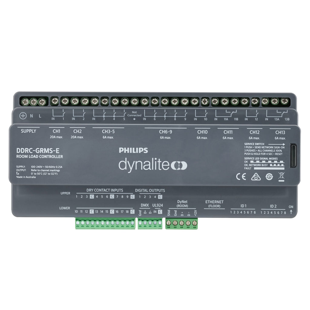 DDRC-GRMS-E | 2 x 16A Relays, 7 x 8A relays, 2 x Motor directional control relay, 18 x Dry contact input, 16 x DMX Tx, 4 x Digital outputs, 1 x RS485 DyNet, 1 x Ethernet  Controller