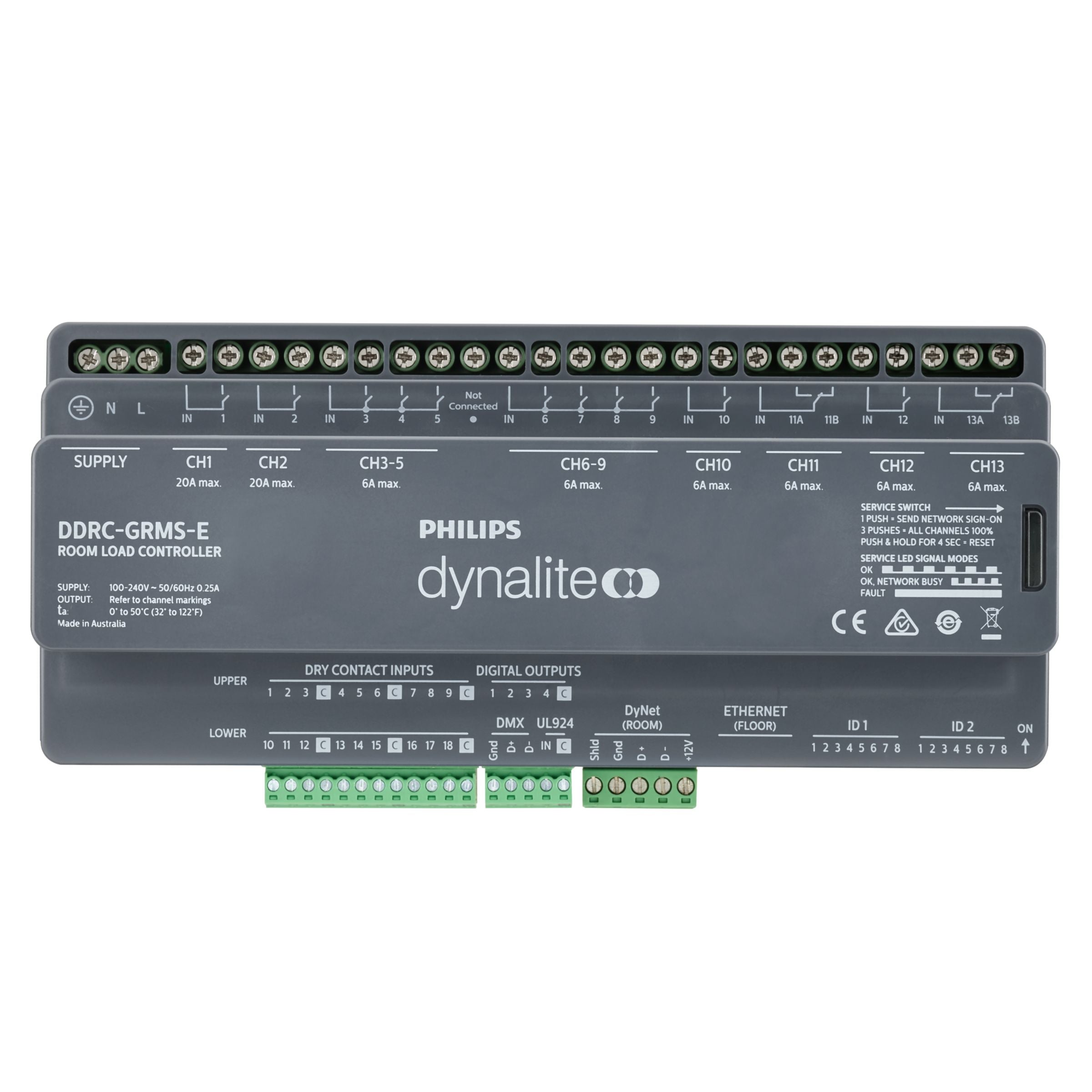 DDRC-GRMS-E | 2 x 16A Relays, 7 x 8A relays, 2 x Motor directional control relay, 18 x Dry contact input, 16 x DMX Tx, 4 x Digital outputs, 1 x RS485 DyNet, 1 x Ethernet  Controller