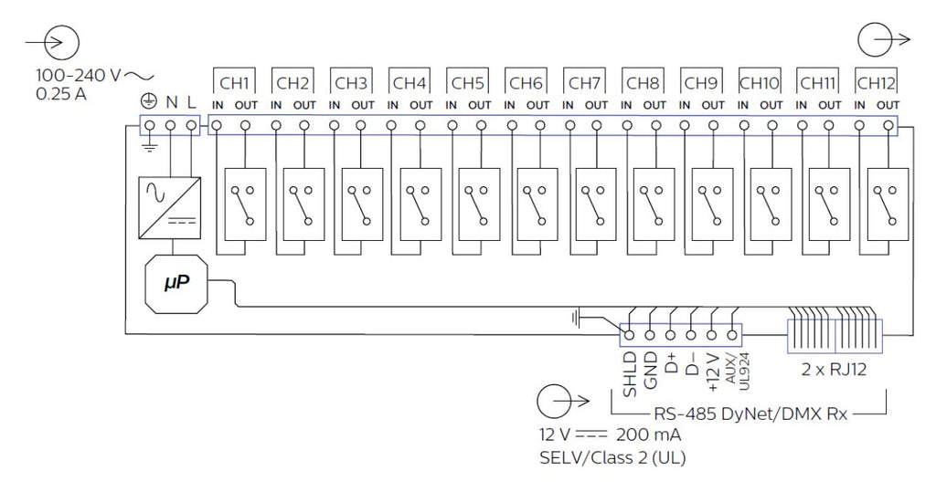 DDRC1220FR-GL-V3 | 12 x 20A Relays Controller (feed through) General Loading